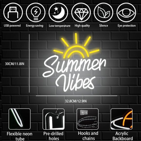 New Summer Vibes Neon Sign, Dimmable USB LED Light for Beach Bar & Wall Decor - Picture 2 of 7